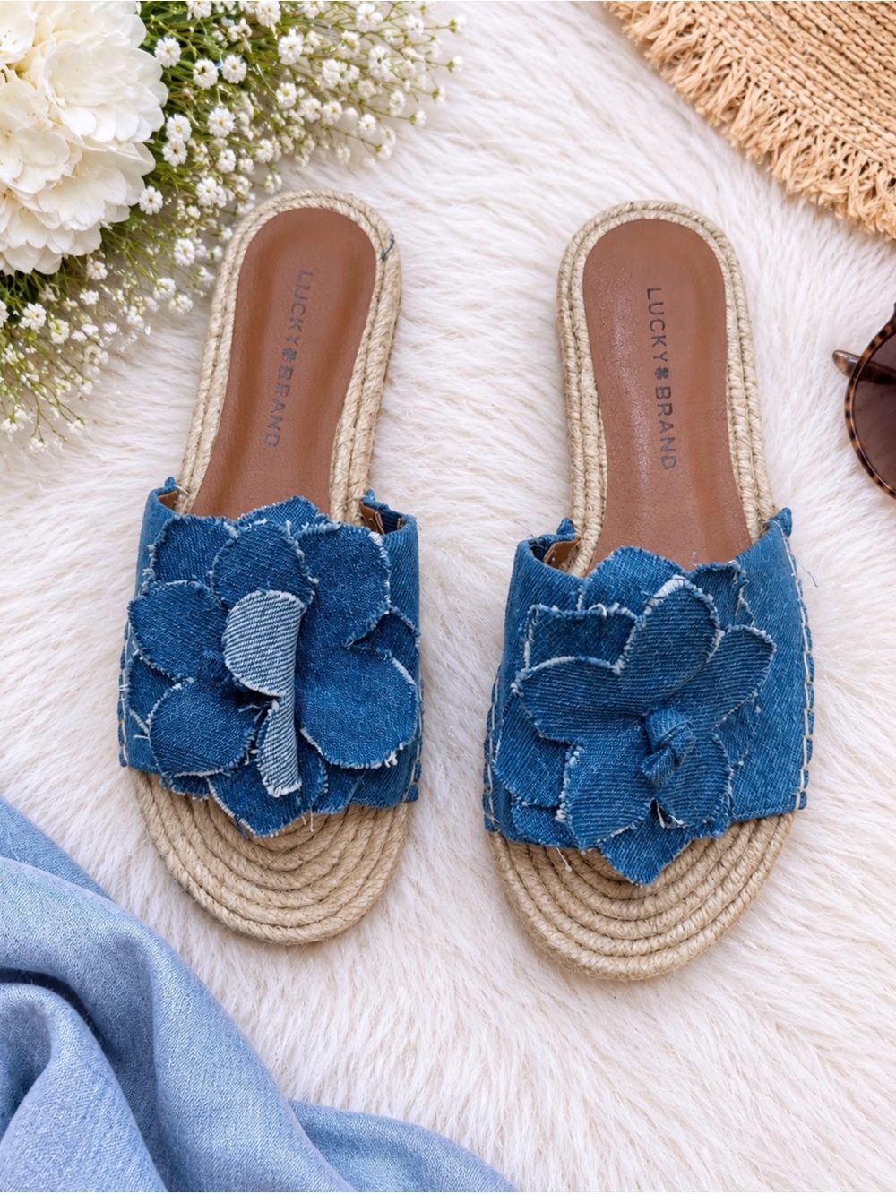 Biricha Denim Floral Espadrille Slide Sandals Boho Coastal